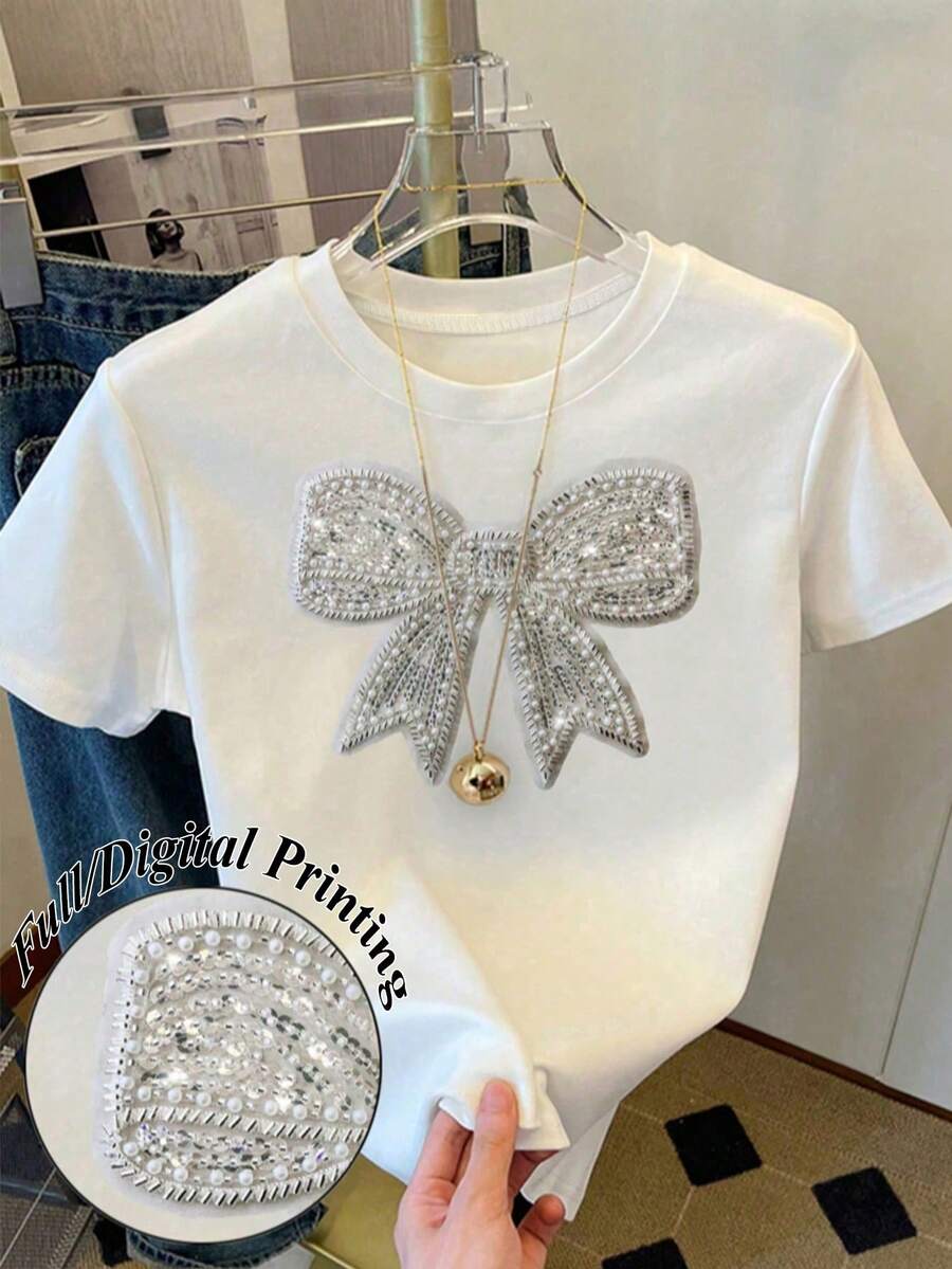 女童及青少年白色短款T恤,修身剪裁,可爱仿水钻蝴蝶结装饰,百搭日常穿着,适合春夏穿着 - 白色 - 查看 1