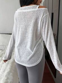 DAZY Women's Solid Color Off-Shoulder Long Sleeve Top And Pants Casual Loungewear Set Pajamas - White - View 2