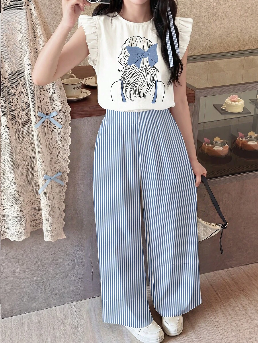 可爱复古蝴蝶结印花图案,蓝白条纹,韩式可爱少女风,少女风,青少年女孩衬衫套装,背心,休闲假日夏季可爱穿搭,夏季单品,夏季外出装备,韩式风格,返校季,轻松舒适,时尚童装 - 彩色 - 查看 1