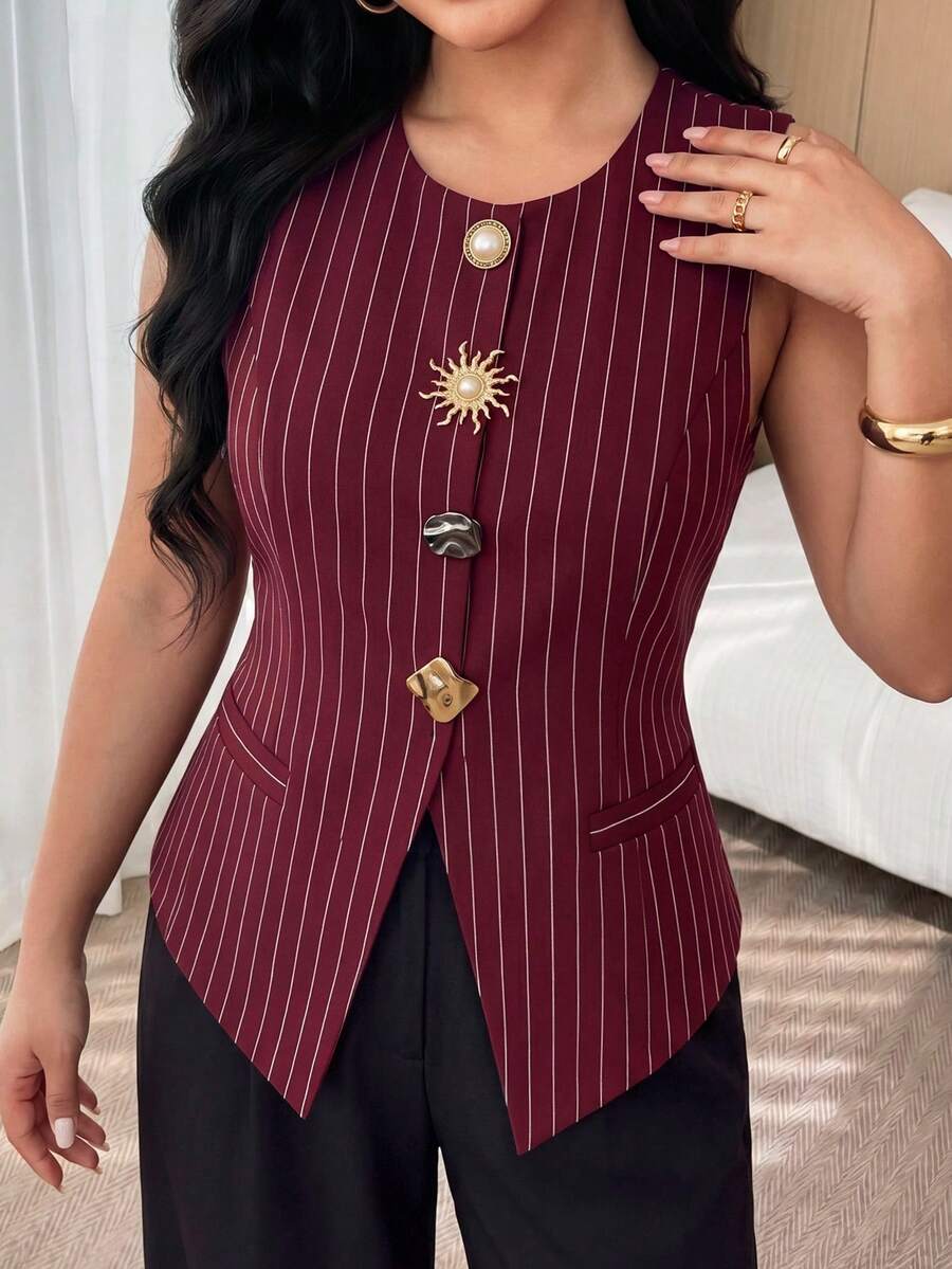 Modelyn 大码女式金属纽扣条纹时尚背心 - 酒紅色 - 查看 1