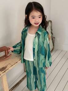 DAZY 婴幼儿女童渐变色度假风春夏韩版长袖衬衫套装 - 綠色 - 查看 3