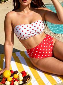 Swim Vcay Plus Size Women's 2026 New Summer Beach Vacation Colorblock Polka Dot Print Detachable Strap Bikini Set - Multicolor - View 5