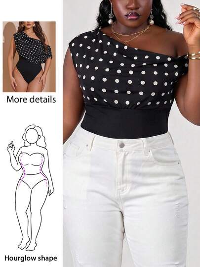 CurvyTilda Plus Size Women's Plunging Neck Polka Dot Bodysuit, Summer Vacation