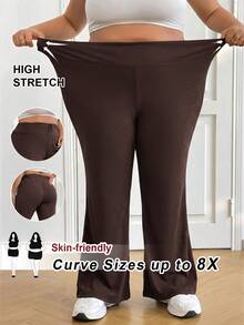 SHEIN CURVE+ 女士高腰喇叭弹力休闲裤，秋季/春季/夏季清凉裤，喇叭裤 - 棕色 - 查看 2