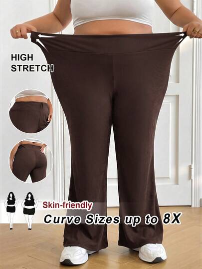 SHEIN CURVE+ بنطلون نسائي كبير بخصر عالي وقصة واسعة مرن كاجوال تقليدي، بارد للخريف والربيع والصيف، مناسب للبرانش والمواعيد الليلية، بني شوكولاتة