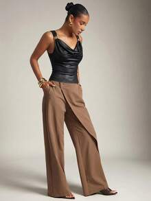 Hauture Women's Basic Casual Office Ruched Shoulder With Gold Decor Cowl Neck Top - Black - View 3
