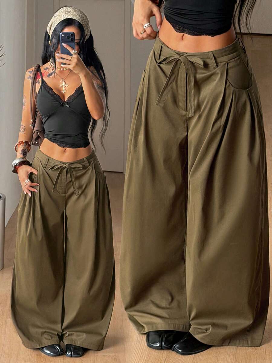Coolane Trang phục mùa hè dành cho nữ, phong cách đường phố, đi lễ hội âm nhạc, đi chơi, trang phục công sở, trang phục giáo viên, phong cách preppy, trang phục thể thao, phong cách tối giản, phong cách quý tộc cổ điển, thoải mái, co giãn, quần ống rộng màu xanh rêu quân đội. - xanh quân đội - Xem 1