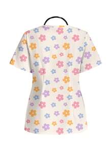 PopScrub Colorful Floral Print V-Neck Short Sleeve Patchwork Pocket Scrub Uniform Top - Multicolor - View 2