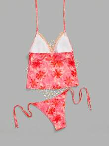 Levarali Women's Summer Vacation Casual Sexy Beach Wear Tropical Floral Print Strapless Tie Front Backless Spaghetti Strap Lace Trim 2-Piece Bikini Pink - Multicolor - View 3