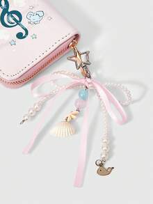 ROMWE Kawaii Ví ngắn hình hoạt hình dễ thương dành cho nữ, ví khóa kéo màu hồng có mặt dây chuyền vỏ ngọc trai, ví đựng thẻ in hình trái tim và động vật dành cho bé gái. - Hồng - Xem 3