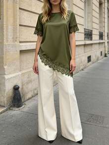 Pariaura Women's New Lace Patchwork Round Neck Short Sleeve Asymmetrical Hem Blouse - Green - View 3