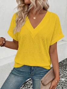 EMERY ROSE Kaos Wanita Lengan Pendek Leher V Warna Polos, Kasual dan Serbaguna - Kuning - View 3