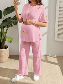 GentleRue Maternity Maternity Casual Cute Lemon Embroidery T-Shirt And Pants 2 Pieces Set Everyday Maternity Pink Summer - Pink - View 6