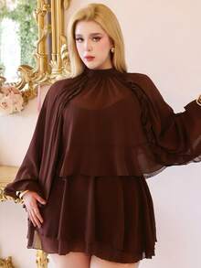 CHERRY TINTT SELECTION Party Plus Size Ruffle Hem Fitted Waist Long Sleeve Mini Dress With Layered Ruffle Hem, Brown Elegant - Brown - View 4