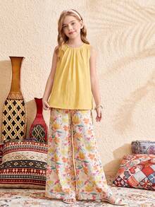 SHEIN Bộ 2 món cho bé gái tuổi teen: áo blouse không tay cổ tròn dáng rộng in hoa hồng và quần ống rộng, phong cách đi nghỉ dưỡng - Màu vàng - Xem 5