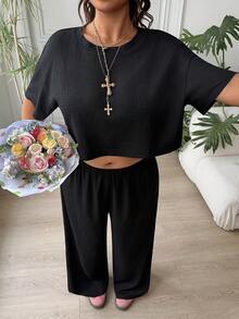 SHEIN EZwear 大码夏季简约纯色纹理圆领短袖上衣和裤子两件套 - 黑色 - 查看 2
