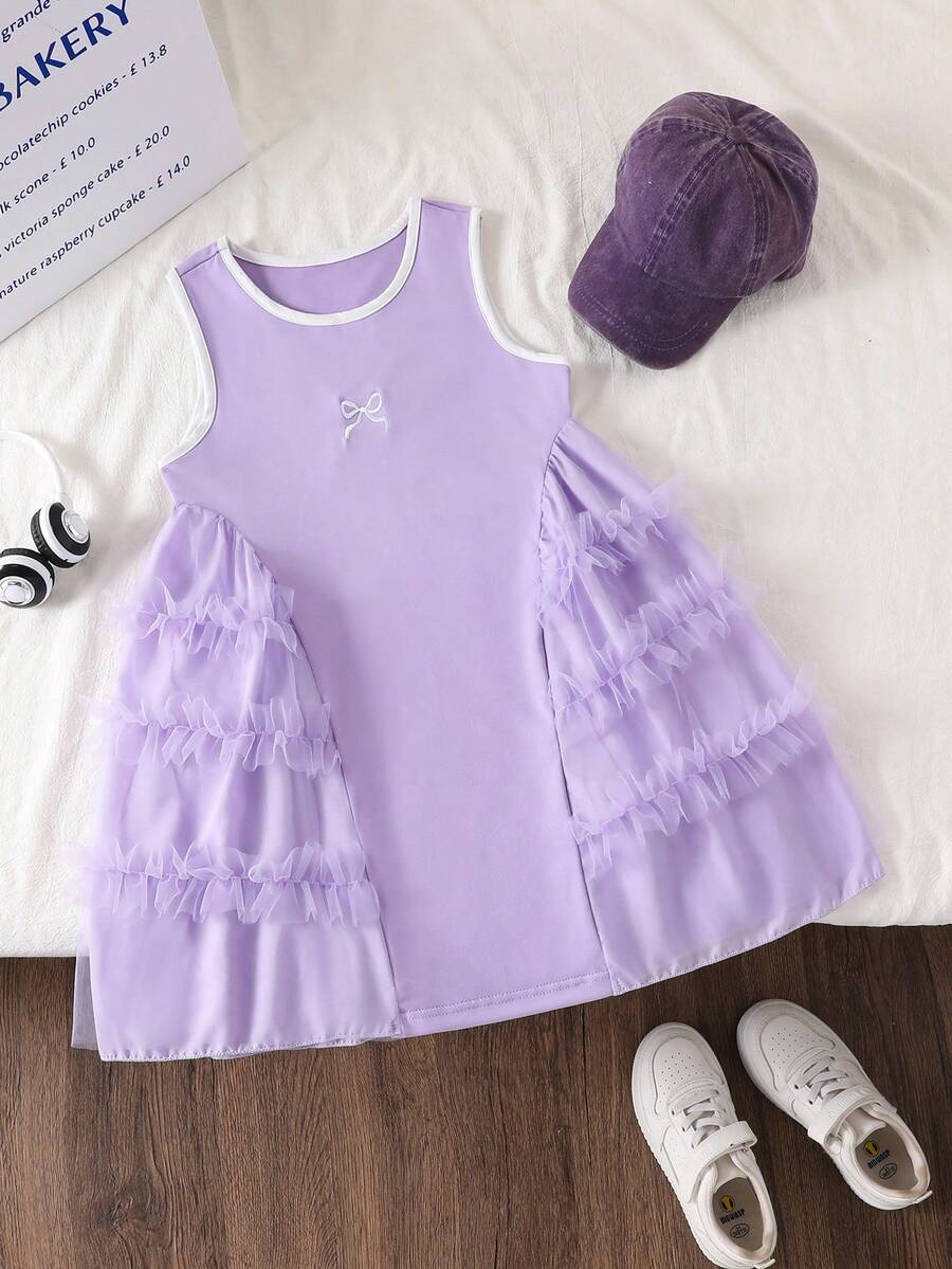 Genkimix Kids Young Girl Bowknot Embroidery Mesh Patchwork Sleeveless Round Neck Dress