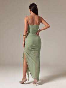 SHEIN PETITE Vestido camisola elegante de unicolor con volantes en el bajo, verano, vestidos para mujeres de verano, mujeres de talla pequeña - Verde - Ver 2