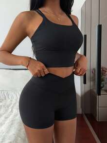 DAZY 2pcs/Set Crop Top Camisole And Shorts, Solid Color Women Sports Bra And Shorts Set, Summer - Black - View 4