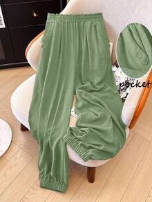 Linhara Damen Lässig Hose in Unifarbe mit Tunnelzug Taille und Papiertragetasche-Stil, Große Größen - Grün - Übersicht 3