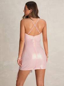 Enchnt Summer Elegant Sexy Women's Pink 3D Floral Decor Ruffle Hem Sequin Mini Dress,Mama Mia Party Night Out Wedding Guest Luxury Evening Dresses,Vacation - Pink - View 8