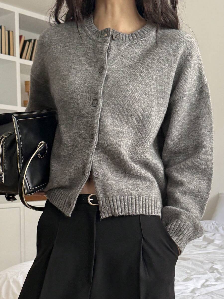 DAZY 1pc Women Solid Color Minimalist Knit Cardigan,Fall Clothes - Grey - View 1