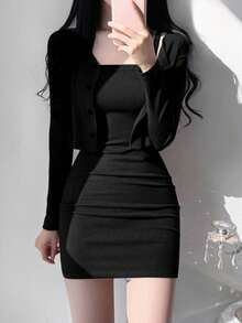 DAZY Women Solid Color Simple Daily Wear Jacket And Cami Skirt Set Summer,Women Two Pieces Sets - Black - View 1