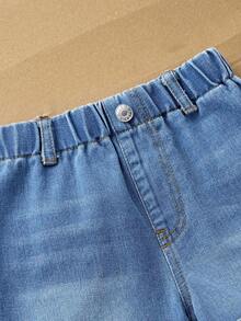 Genkimix Kids Shorts vaqueros casuales para niñas, lavado medio azul, estilo minimalista básico, detalles de pierna desgastados, ajuste recto relajado, dobladillo enrollado, denim de algodón suave, sin estiramiento, adecuado para uso diario, hogar, exterior, fiesta, nueva llegada - Azul - Ver 7