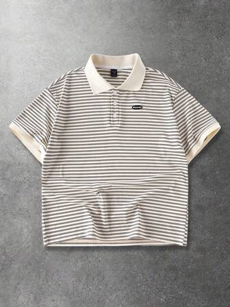 Casual Men's Striped & Letter Applique Short Sleeve Polo Shirt, Summer