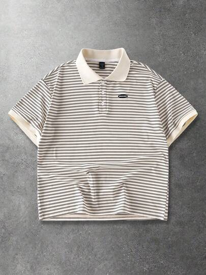 ROMWE MEN Casual Áo polo nam tay ngắn kẻ sọc và thêu chữ, thích hợp cho mùa hè.