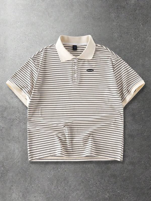 ROMWE MEN Casual Men's Striped & Letter Applique Short Sleeve Polo Shirt, Summer