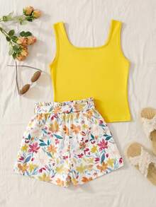SHEIN TEENGIRL Yellow Tank Top With Colorful Leaf Print & Loose Shorts Set, Vacation Style Suitable For Summer - Multicolor - View 2