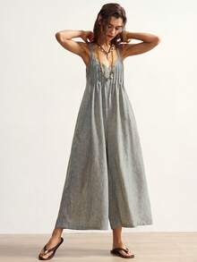 Bohemela Women's Summer Casual Vacation Loose Green Textured Woven Sleeveless Jumpsuit - Multicolor - View 6