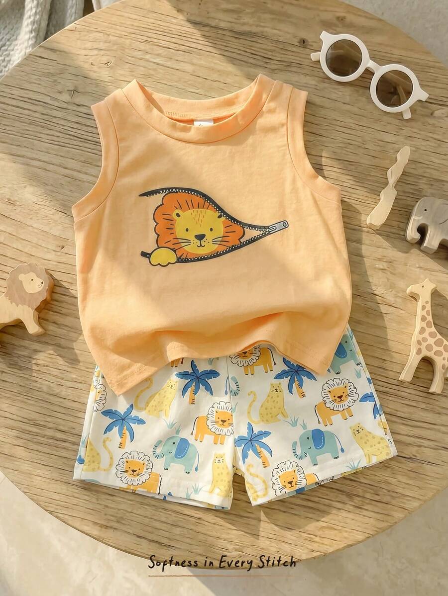 Cozy Pixies 2件套男婴夏季休闲可爱卡通狮子动物图案圆领背心和短裤套装,儿童服装 - 彩色 - 查看 1