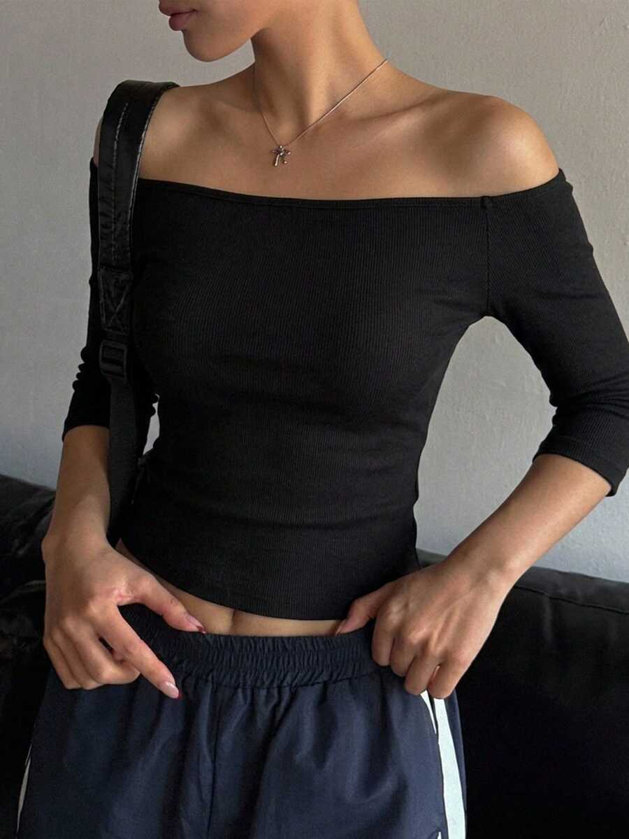DAZY 女款方領短袖修身短版T恤上衣 夏季 - 黑色 - 查看 1