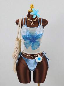Elavelle Women's Random Print Halter Halter 3-Piece Bikini Set, Spring/Summer - Multicolor - View 3