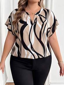 SHEIN CURVE+ Áo sơ mi tay ngắn in họa tiết tối giản cỡ lớn, phong cách thường ngày. - màu nâu - Xem 5