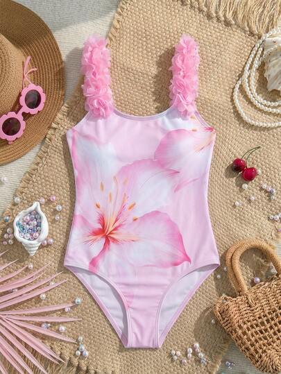 Travachic KIDS Traje de baño de una pieza con gráficos florales 3D para niñas preadolescentes, vacaciones de verano, playa