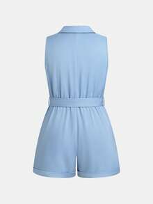 SHEIN Clasi Jumpsuit Tanpa Lengan Minimalis Elegan Warna Polos Ukuran Besar, Pakaian Kasual Sehari-hari Formal Biru Muda Musim Panas - Biru - View 2