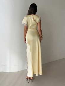 Aloruh Women's Elegant Light Yellow Dress, Sexy High Slit Lace Trim Asymmetric Short Sleeve Dress - Light Yellow - View 2