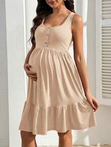 GentleRue Maternity 纯色U领无袖荷叶边休闲舒适夏季哺乳连衣裙 - 杏色 - 查看 3