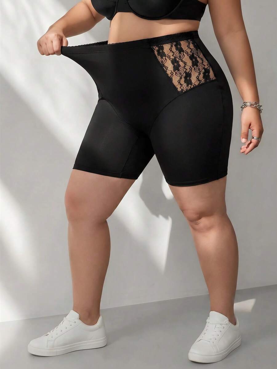 SHEIN CURVE+ 大码女式纯色紧身裤,黑色短裤,性感迷人 - 黑色 - 查看 1