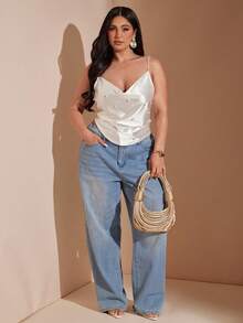 SHEIN BAE CURVE 大码女式白色串珠珍珠垂褶领吊带衫 - 白色 - 查看 2