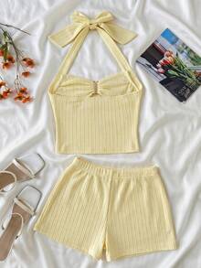 SHEIN Bộ 2 món áo yếm cổ halter & quần short cho bé gái tuổi teen, màu vàng trơn, phong cách casual đi biển nghỉ dưỡng, họa tiết sao biển, thoải mái & tối giản, set đồ mùa hè 2 mảnh - Màu vàng - Xem 2
