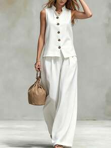 SHEIN Holidaya Women's White Top And White Pants 2 Pieces Set, Casual Elegant Minimalist Summer, Autumn And Winter Outfit Vacation - White - View 5