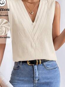 EMERY ROSE Women's Solid Color V-Neck Sleeveless Comfortable Casual Minimalist Shirt, Summer,Summer Top - Apricot - View 3