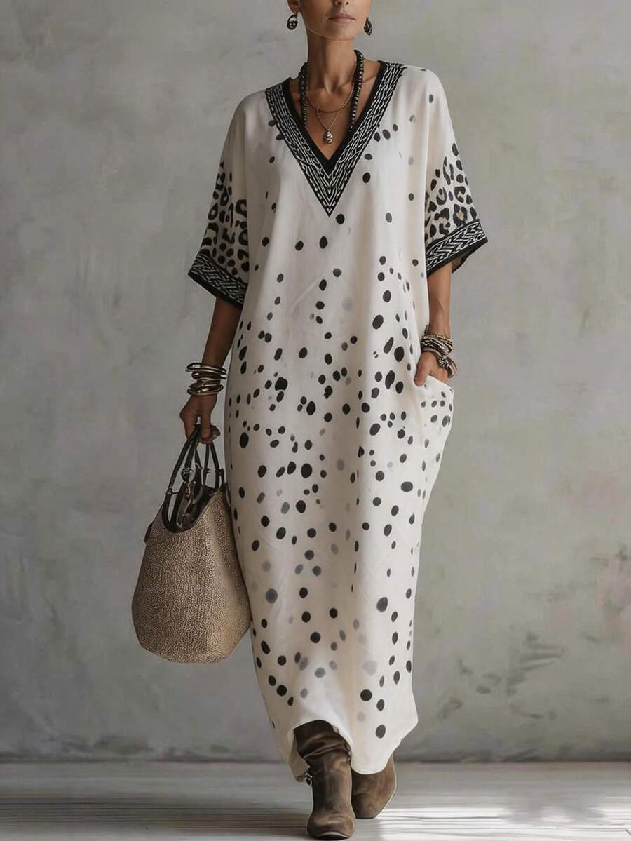 Louniche Vestido de color albaricoque con lunares estilo bohemio para vacaciones - Albaricoque - Ver 1