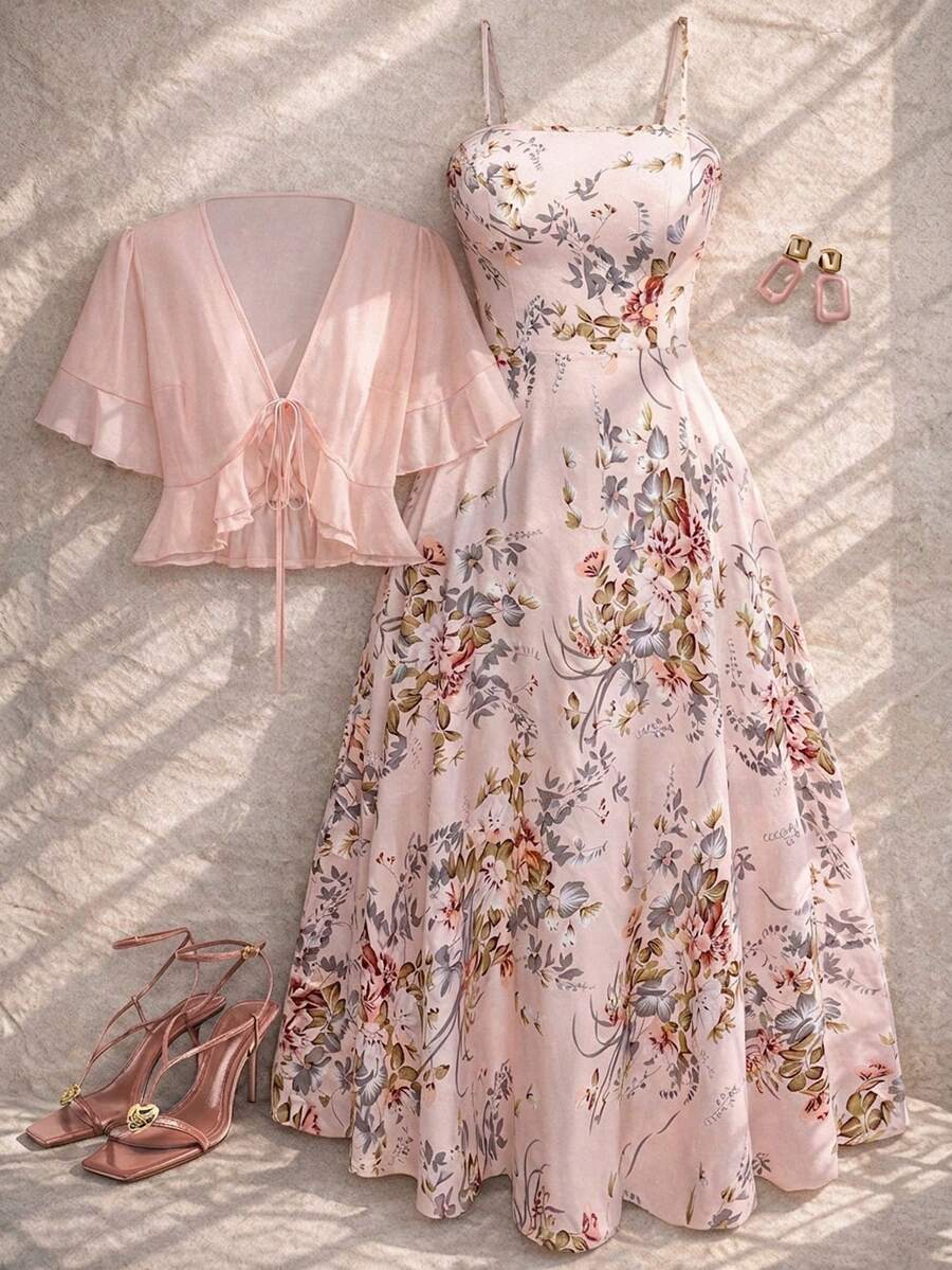 Franclia 女士加大码印花两件套,雪纺衬衫外套搭配纯色荷叶边短连衣裙,无袖玫瑰连衣裙配外套,适合春、夏、秋季穿着。 - 粉色 - 查看 1