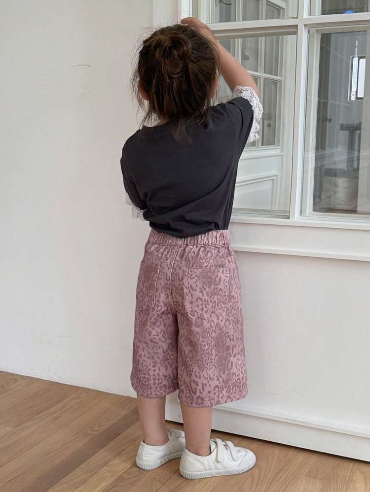 Toddler Girls' Leopard Print Korean Style Denim Shorts, Spring/Summer