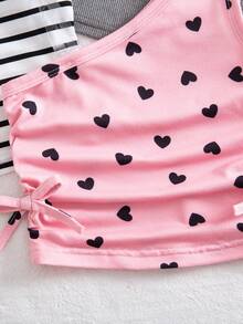 SHEIN 4pcs Young Girl Knitted Solid Striped Heart Pattern Irregular Pleated Casual Vest Set - Multicolor - View 4